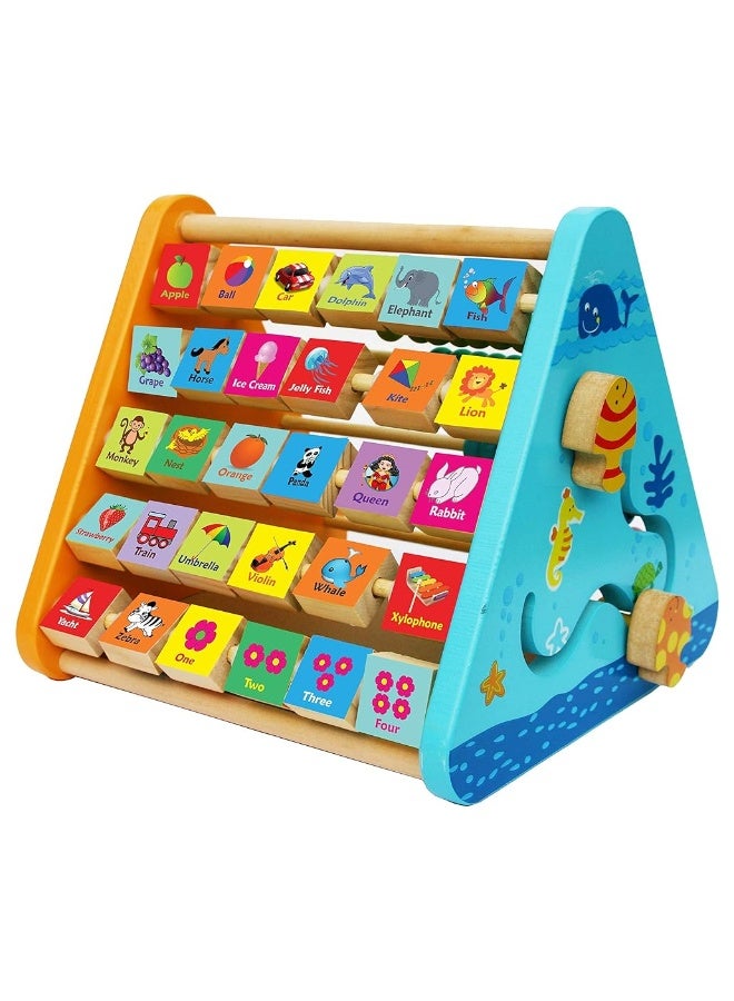 TOWO Activity Centre Triangle Toys - flip Flop Alphabet Blocks Abacus Clock - Activity Cube for Toddlers 5 in 1- Toys for Babies Montessori Learning-Wooden Toys for 1 Year Old