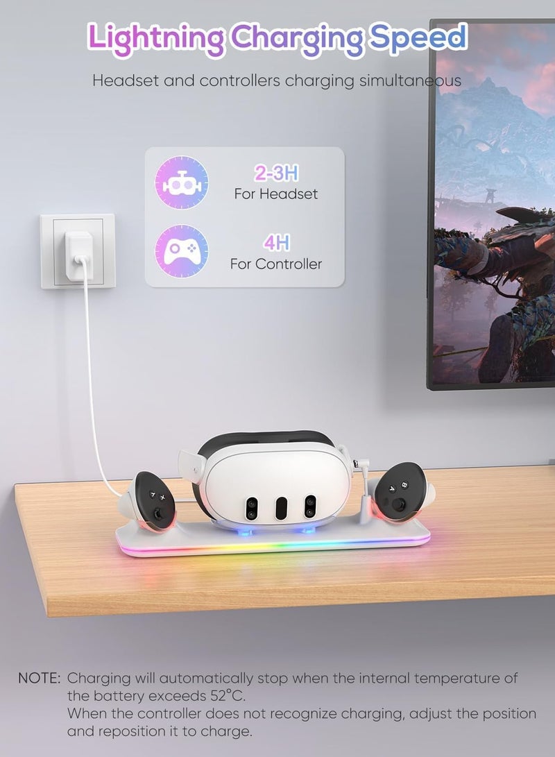 XICEN Charging Dock for Meta Quest 3, Fast Charging Station with Colorful RGB Light for Oculus Quest 3, Magnetic Charging Stand Accessories for Headset and Controller with 2 Rechargeable Batteries