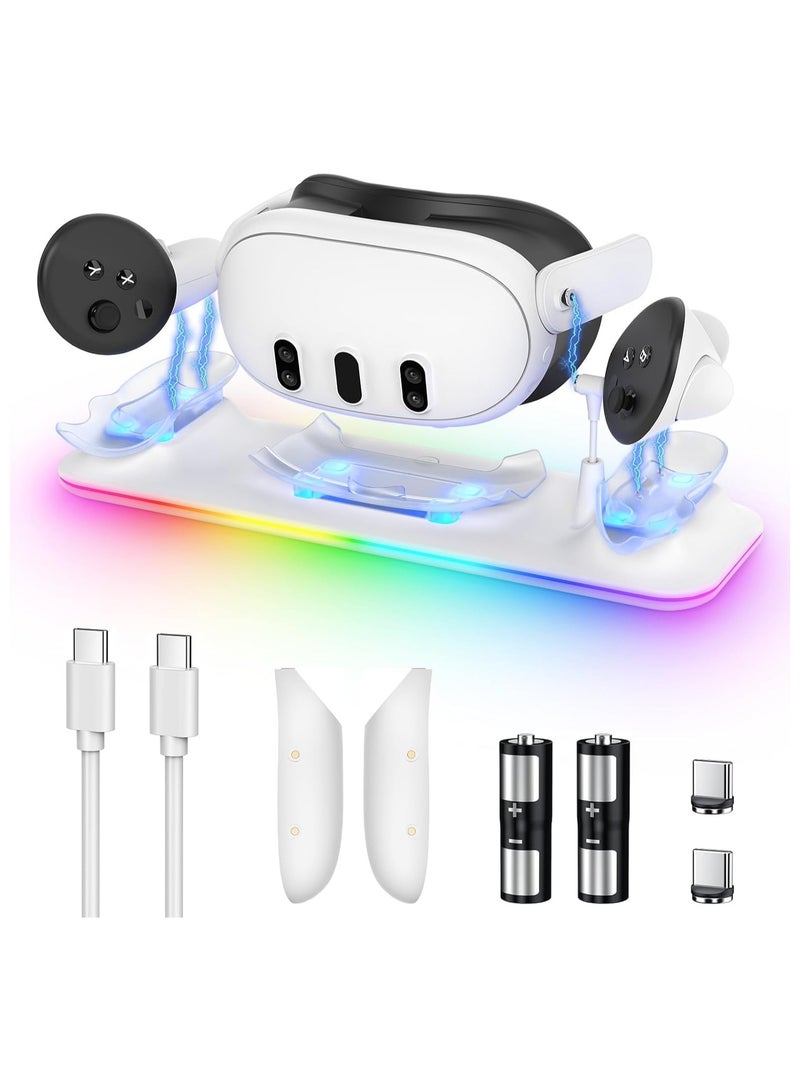 XICEN Charging Dock for Meta Quest 3, Fast Charging Station with Colorful RGB Light for Oculus Quest 3, Magnetic Charging Stand Accessories for Headset and Controller with 2 Rechargeable Batteries