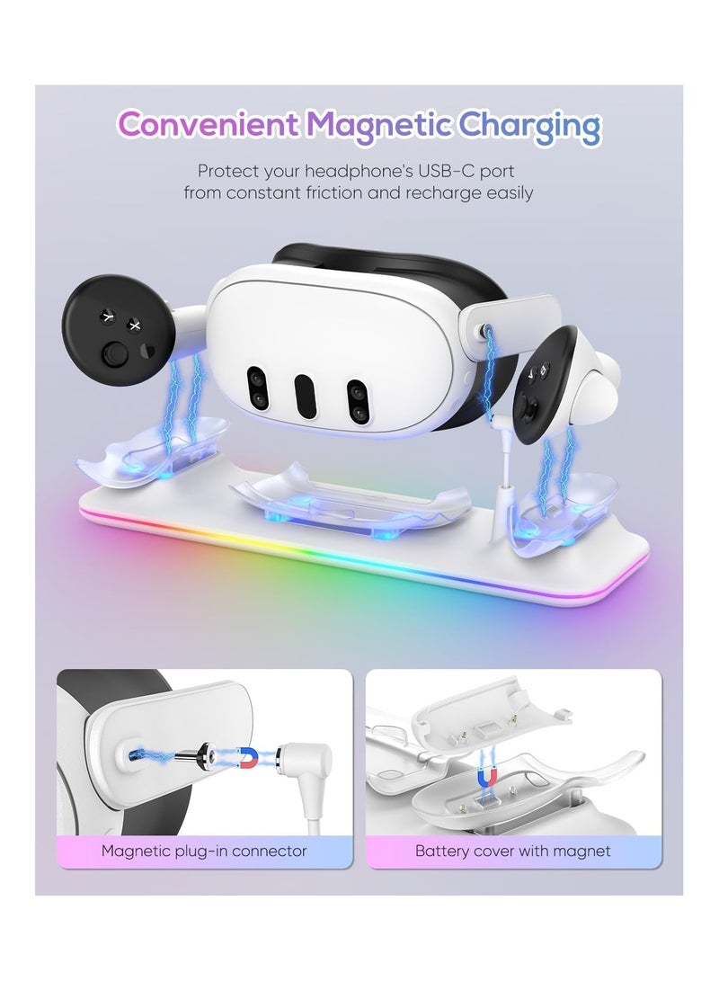 XICEN Charging Dock for Meta Quest 3, Fast Charging Station with Colorful RGB Light for Oculus Quest 3, Magnetic Charging Stand Accessories for Headset and Controller with 2 Rechargeable Batteries