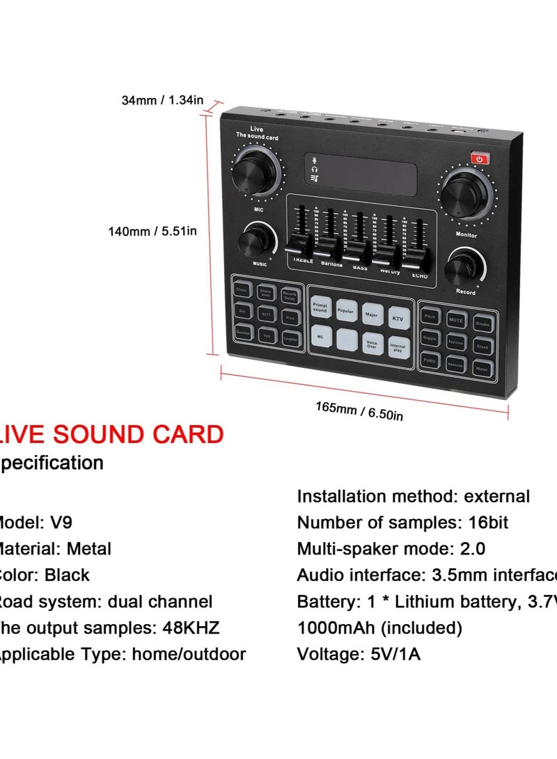 V9 Live Sound Card with BM800 Microphone Full Set, Bluetooth Accompaniment Audio Mixer with Sound Effects