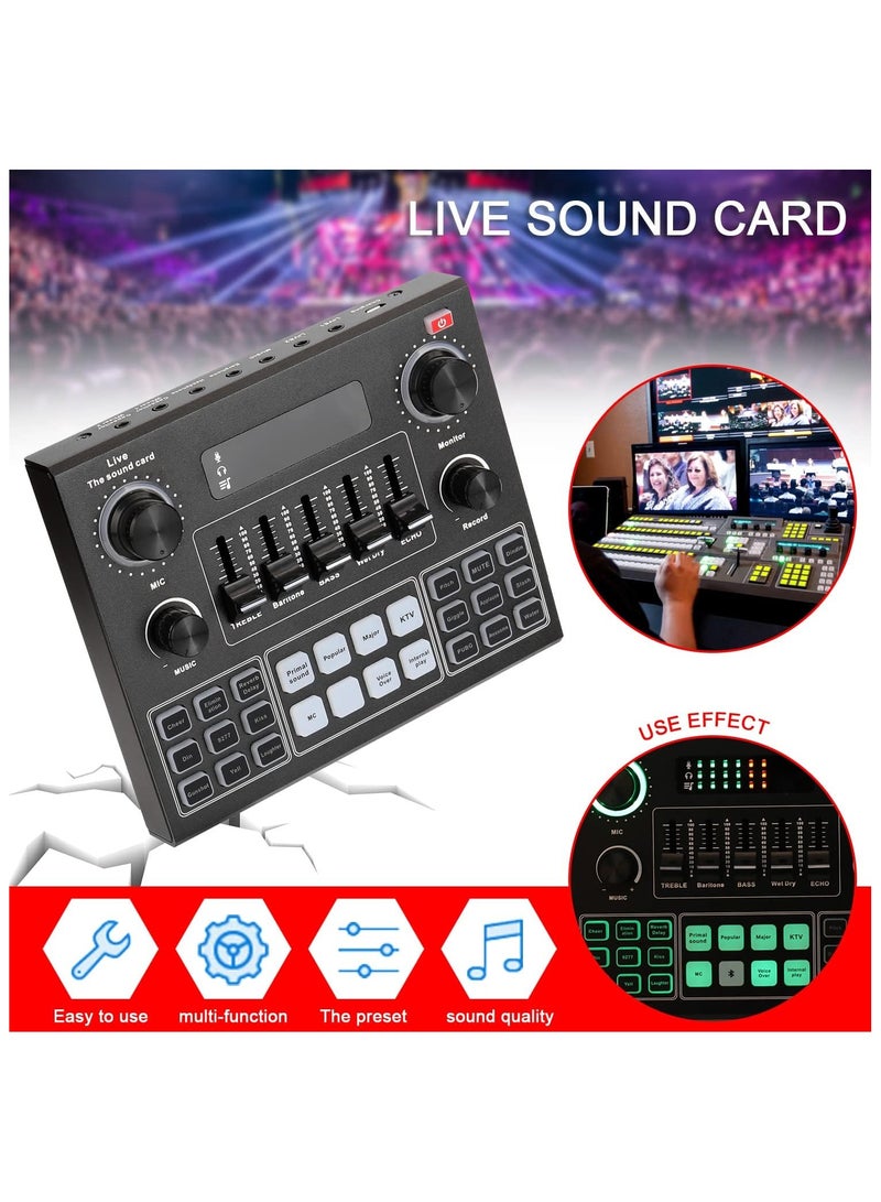 V9 Live Sound Card with BM800 Microphone Full Set, Bluetooth Accompaniment Audio Mixer with Sound Effects