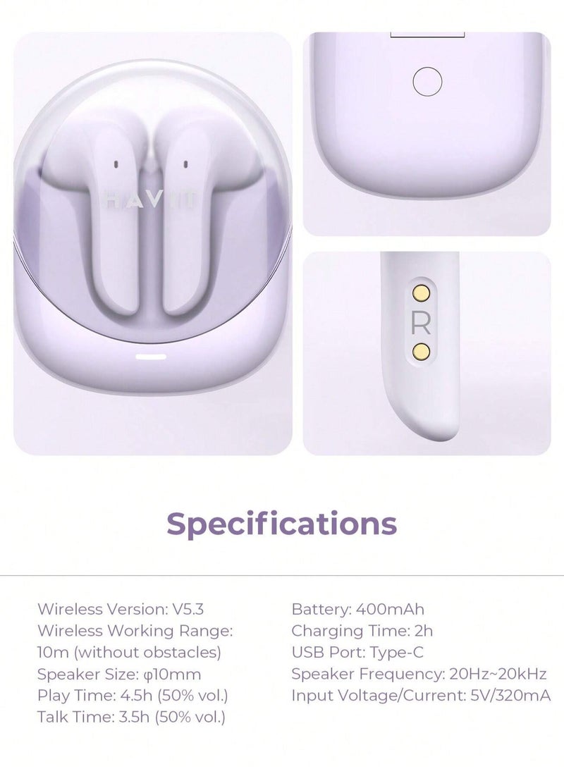 Premium True Wireless Bluetooth Headphones with Game Mode for Low Latency, Exceptional Stereo Sound Quality, Dual Microphone Noise Reduction for Clear Calls, IPX4 Waterproof Rating for Outdoor Use, Compact Lightweight Design for Ultimate Comfort and Portability- Purple