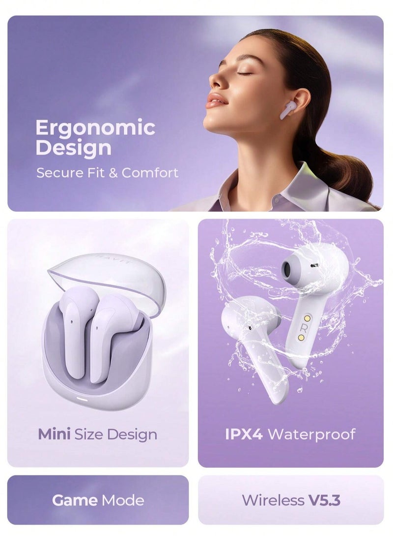 Premium True Wireless Bluetooth Headphones with Game Mode for Low Latency, Exceptional Stereo Sound Quality, Dual Microphone Noise Reduction for Clear Calls, IPX4 Waterproof Rating for Outdoor Use, Compact Lightweight Design for Ultimate Comfort and Portability- Purple