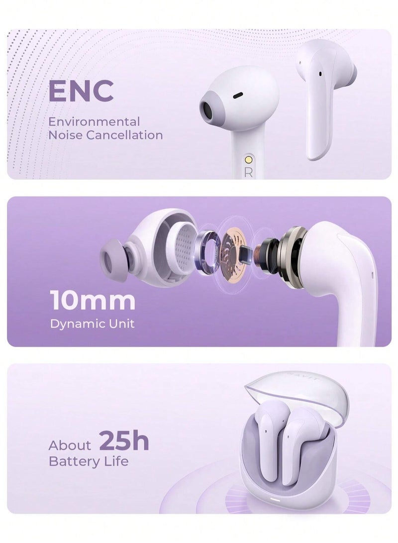 Premium True Wireless Bluetooth Headphones with Game Mode for Low Latency, Exceptional Stereo Sound Quality, Dual Microphone Noise Reduction for Clear Calls, IPX4 Waterproof Rating for Outdoor Use, Compact Lightweight Design for Ultimate Comfort and Portability- Purple