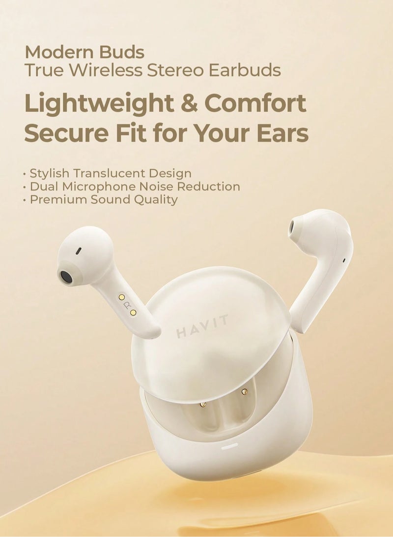 Premium True Wireless Bluetooth Headphones with Game Mode for Low Latency, Exceptional Stereo Sound Quality, Dual Microphone Noise Reduction for Clear Calls, IPX4 Waterproof Rating for Outdoor Use, Compact Lightweight Design for Ultimate Comfort and Portability- Beige