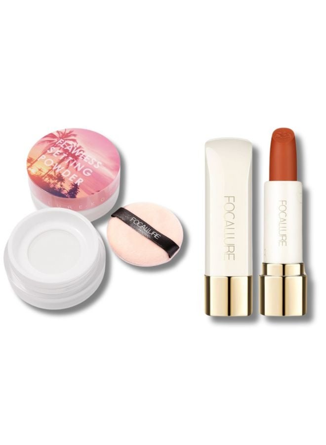 Set of Flawless Filtered Light Setting Powder #1 Transparent Chiffon + Pure Matte Lipstick  Long Lasting Waterproof Light Weight and Non Sticky Paraben Free Soft Smooth Lipstick #103