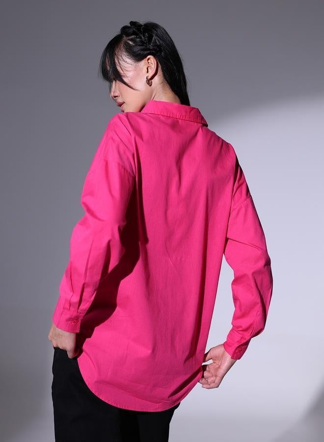 Pink Spread Collar Oversized Pure Cotton Casual Shirt for Women
