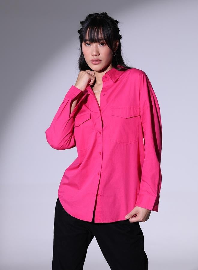 Pink Spread Collar Oversized Pure Cotton Casual Shirt for Women