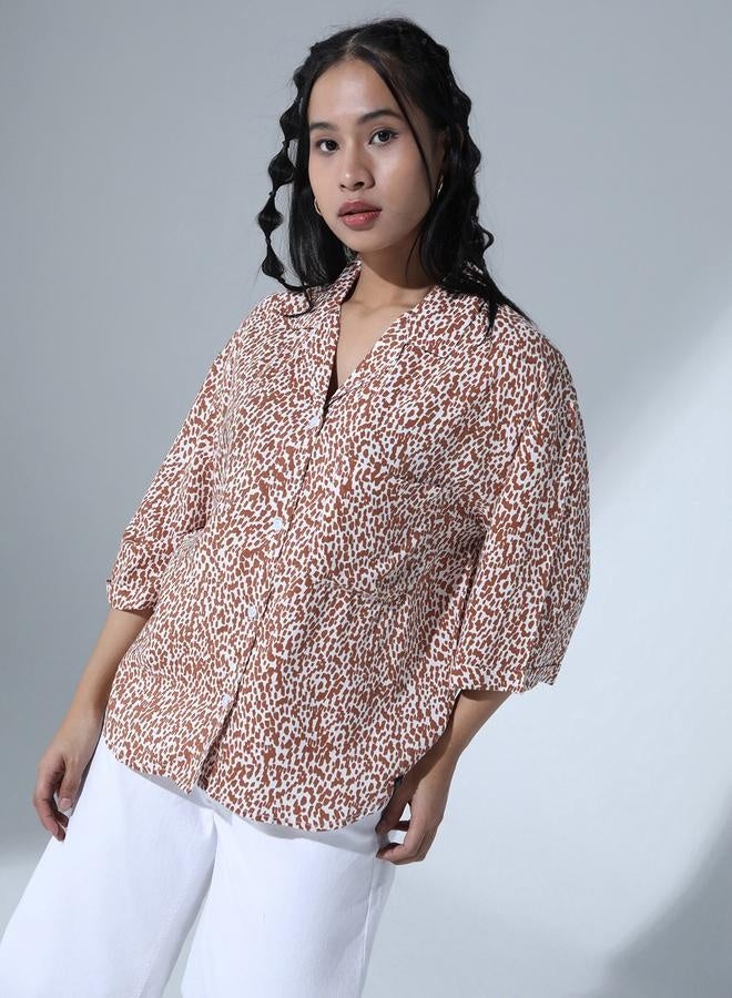 Multicolor Abstract Print Oversized Party Shirt for Women, Spread Collar