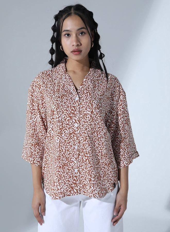 Multicolor Abstract Print Oversized Party Shirt for Women, Spread Collar
