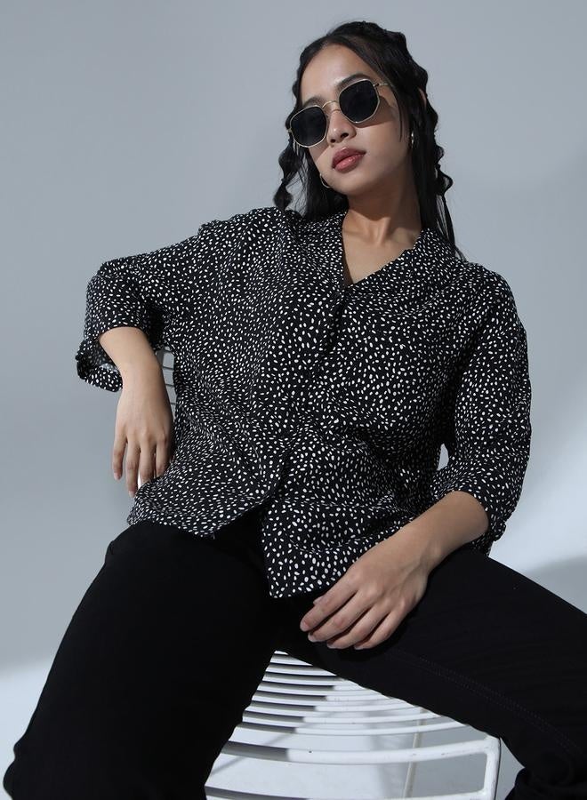 Black Geometric Print Oversized Party Shirt for Women, Spread Collar Style
