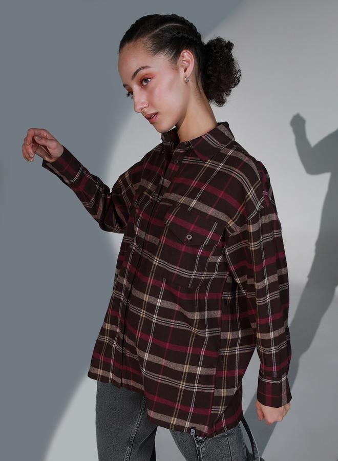 Women's Checked Cotton Oversized Casual Shirt, Classic Style