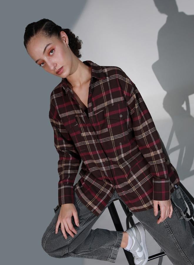 Women's Checked Cotton Oversized Casual Shirt, Classic Style