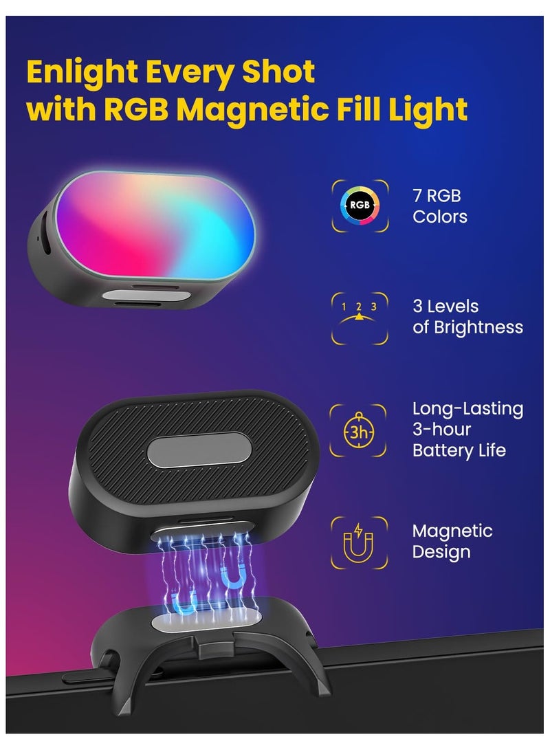 RGB Magnetic Fill Light for Gimbal, LED Video Light, 7 Color Temperature, 3 Brightness Adjustment, 180 Mins Long Lasting, Gradient Mode, Flash Mode 180° Fill Light for AOCHUAN Stabilizer