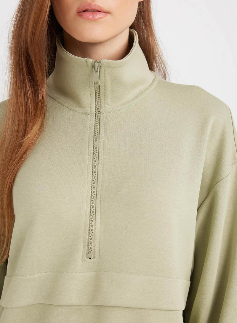 Regular Fit Half-Zip Stand Collar Basic Sweatshirt Tunic