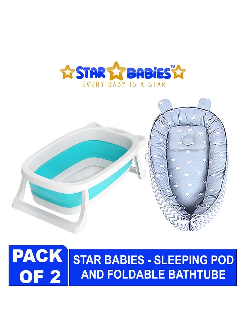 Star Babies Pack of 2 (Baby Sleeping Pod with Foldable bathtub) - Grey/Green