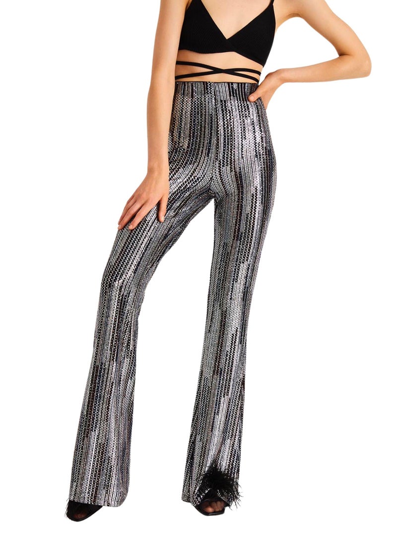 Printed Sequined Bell-bottom Trousers