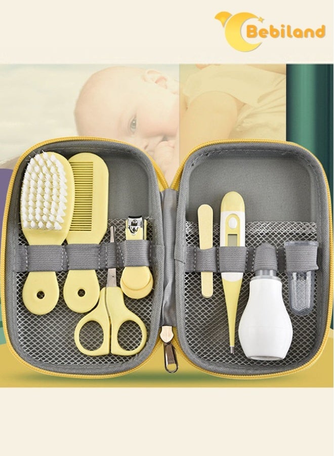 8-Piece Baby Care Kit with Thermometer, Nasal Aspirator, Toothbrush, Emery Board, Nail Clipper, Scissor, Brush and Comb, Portable Essential Daily Care Bathing Tool for Toddler Infant, Yellow