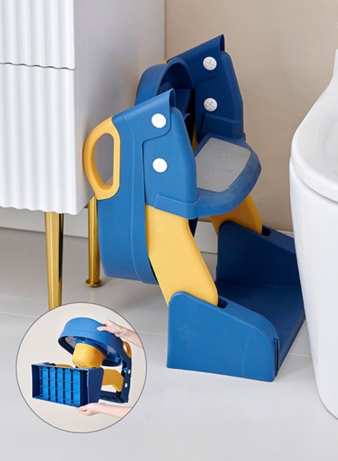 Children's Toilet Seat Supplies-Auxiliary Toilet Ladder, Infant Baby Ladder Folding Toilet Seat (Three-In-One Blue PVC)