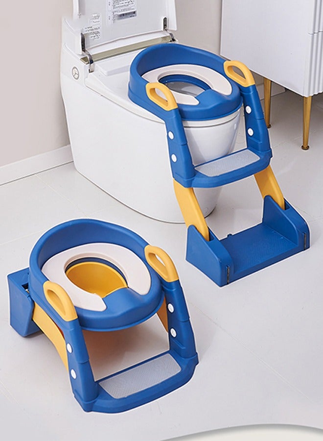 Children's Toilet Seat Supplies-Auxiliary Toilet Ladder, Infant Baby Ladder Folding Toilet Seat (Three-In-One Blue PVC)