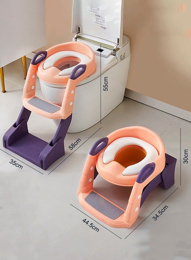 Children's Toilet Seat Supplies-Auxiliary Toilet Ladder, Infant Baby Ladder Folding Toilet Seat (Three-In-One Rose Pink PVC)