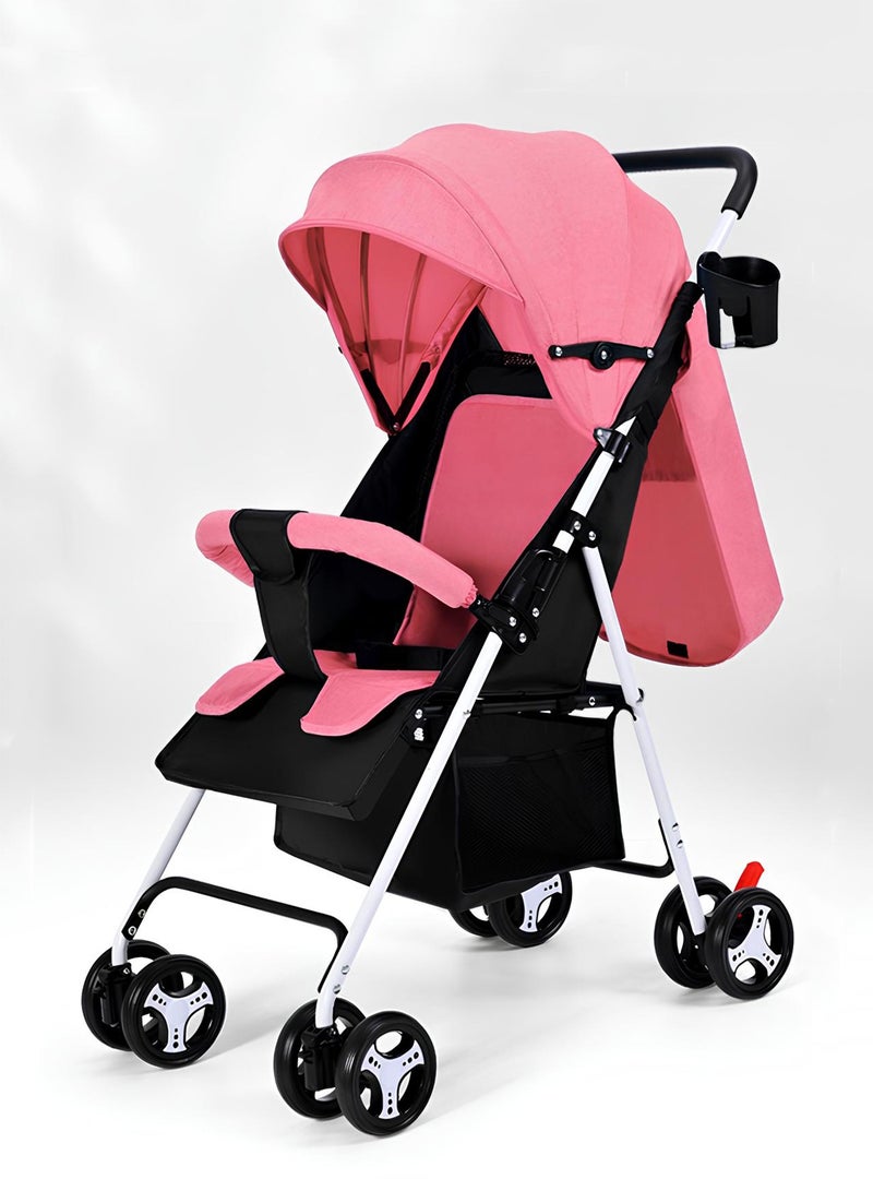 Baby Stroller, Multifunctional Baby Lightweight Folding Stroller, Four-Wheeled Stroller For Children That Can Sit Or Lie Down (Pink)