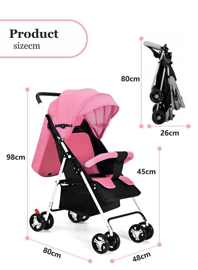 Baby Stroller, Multifunctional Baby Lightweight Folding Stroller, Four-Wheeled Stroller For Children That Can Sit Or Lie Down (Pink)