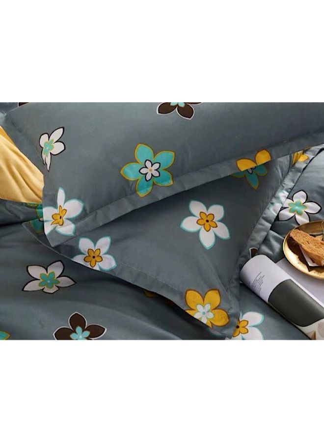 4-Piece Single Size Floral Design Duvet Cover Set Cotton Grey/Yellow