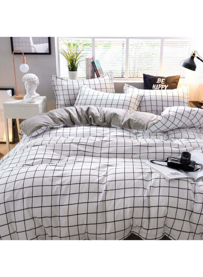 4-Piece Simple Grid Duvet Cover Set Polyester White/Grey