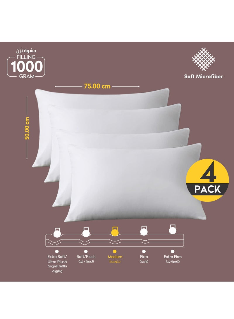 Hotel Style Bed Pillow 4 Piece (1000 g Each) Luxury Down Alternative Pillow Breathable Covers With brushed Microfiber and Satin Stripes White