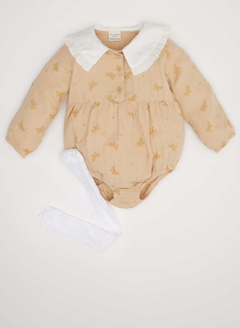 Newborn Butterfly Print Muslin Snap-Up Long Sleeve Romper With Tights 2-Piece Set