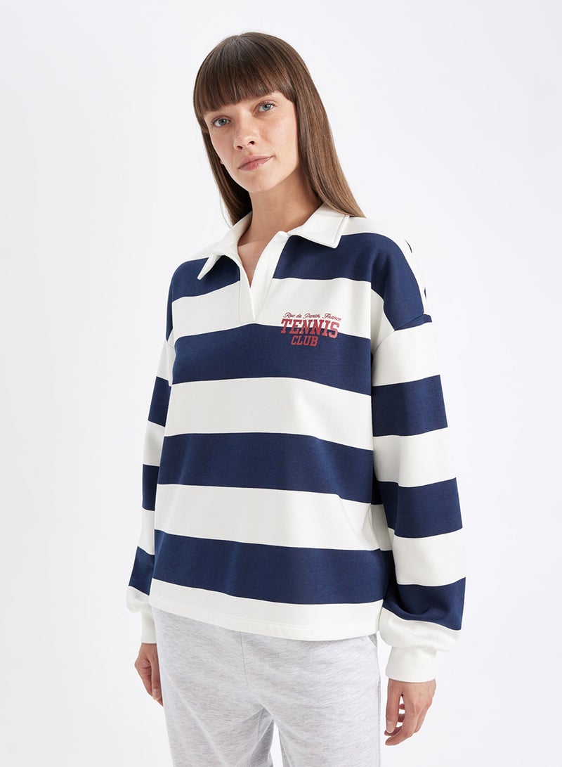 Relax Fit Polo Neck Striped Thick Fabric Sweatshirt