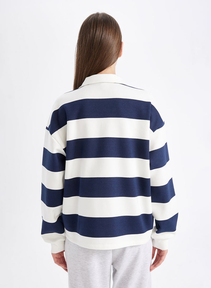 Relax Fit Polo Neck Striped Thick Fabric Sweatshirt