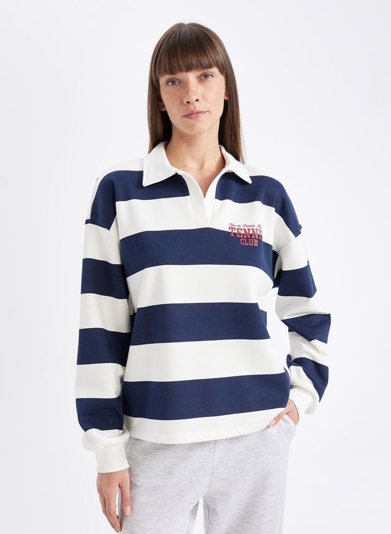 Relax Fit Polo Neck Striped Thick Fabric Sweatshirt