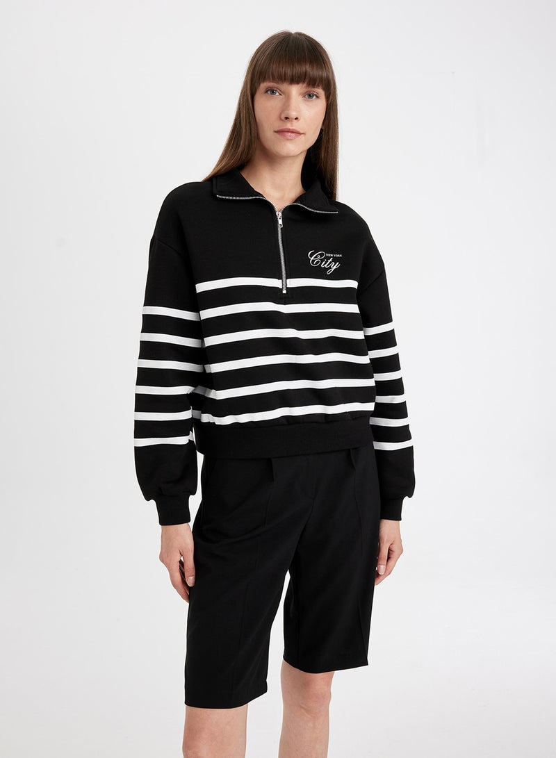 Black Regular Fit Half Zipper Stand Collar Striped Thick Casual Sweatshirt