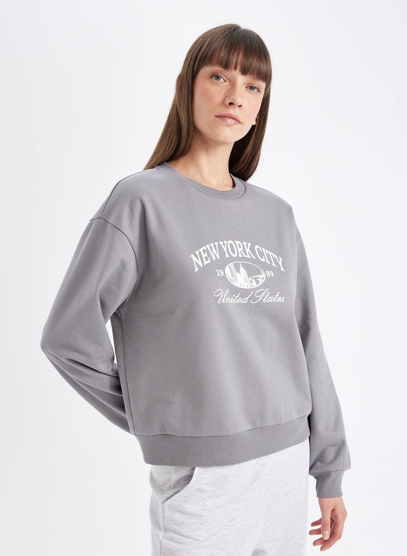 Grey Regular Fit Crew Neck Printed Lightweight Sweatshirt