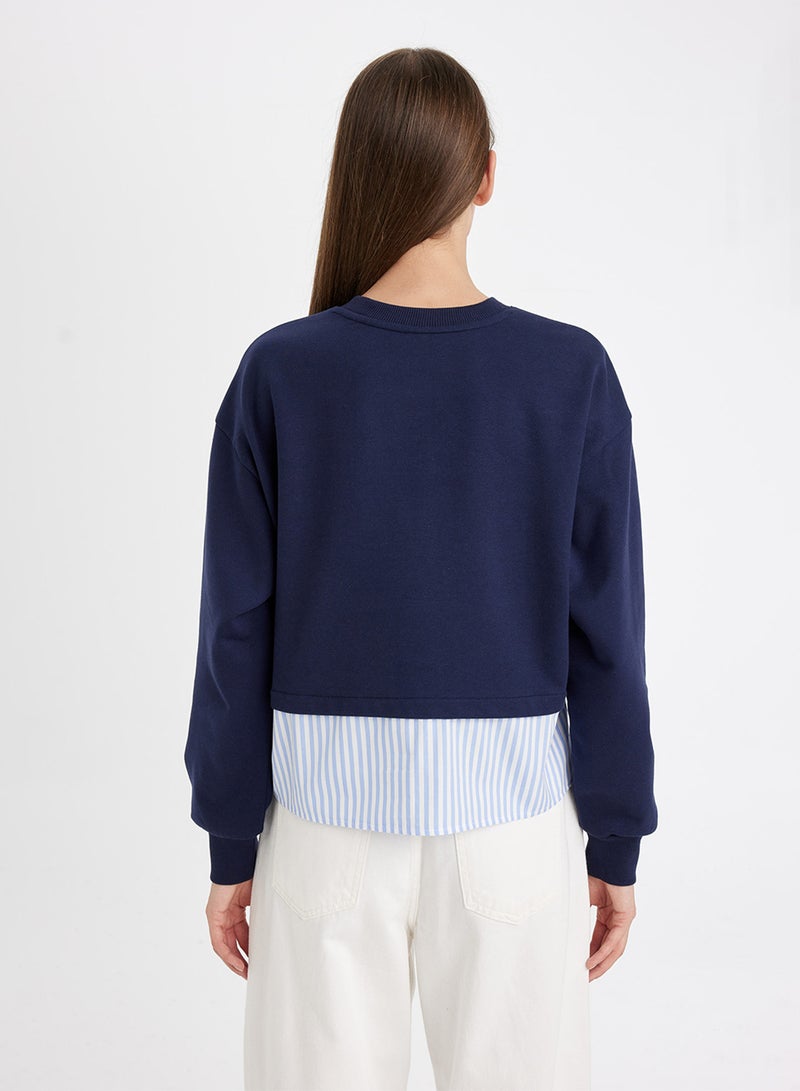 Navy Relax Fit Crew Neck Hem Detailed Basic Sweatshirt