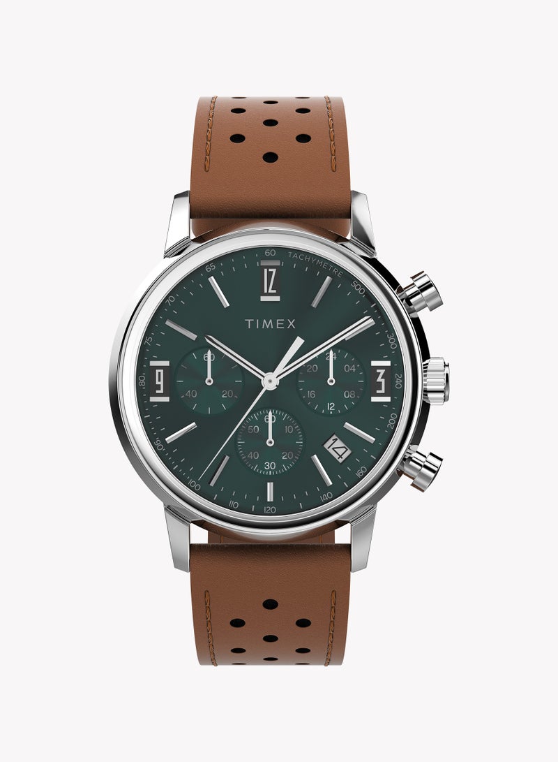 Timex Marlin Quartz Chrono 40mm SST Case Green Dial Caramel Brown leather strap TW2W10100 Men's Watch