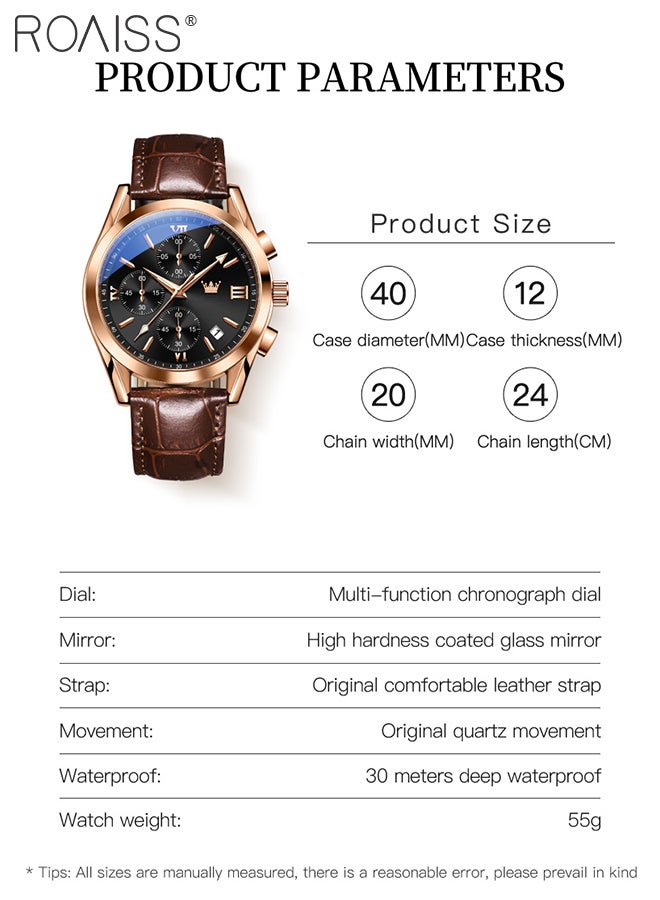 Men's Leather Strap Chronograph Quartz Watch Round Black Dial with Rose Gold Bezel Waterproof Luminous Wristwatch as Gift for Men