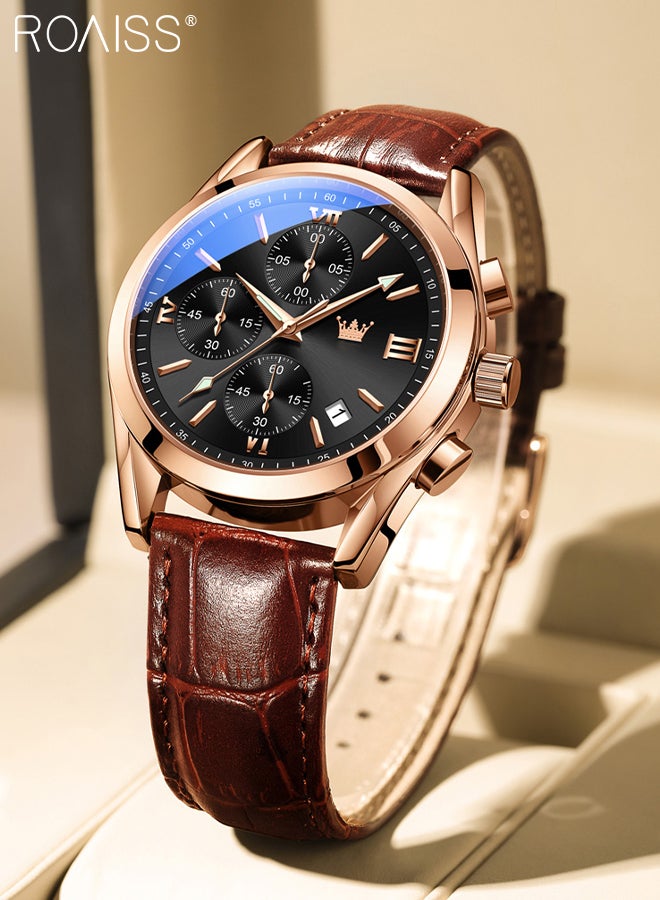 Men's Leather Strap Chronograph Quartz Watch Round Black Dial with Rose Gold Bezel Waterproof Luminous Wristwatch as Gift for Men