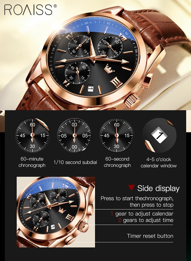 Men's Leather Strap Chronograph Quartz Watch Round Black Dial with Rose Gold Bezel Waterproof Luminous Wristwatch as Gift for Men