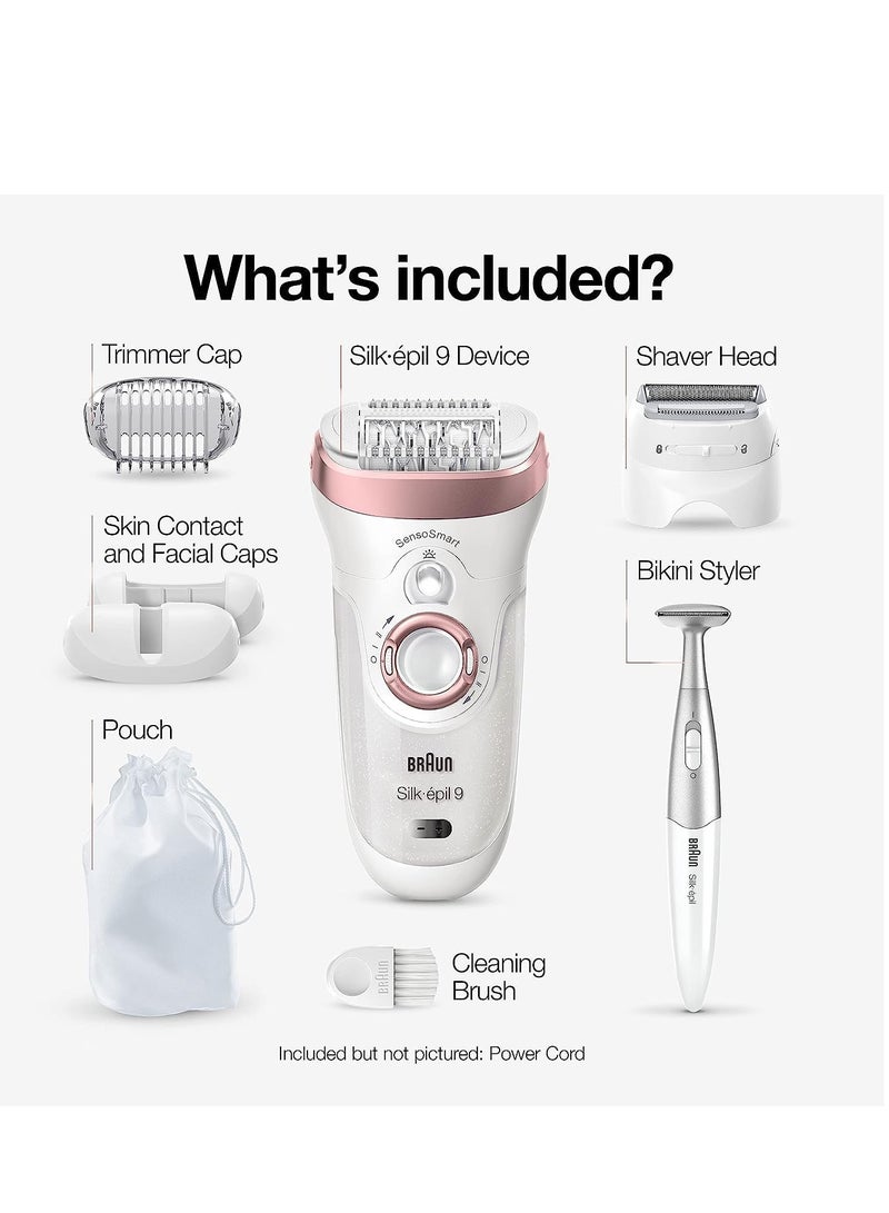 Silk-epil 9 9-890, Facial Hair Removal for Women, Hair Removal Device, Bikini Trimmer, Womens Shaver Wet & Dry, Cordless and 7 Extras