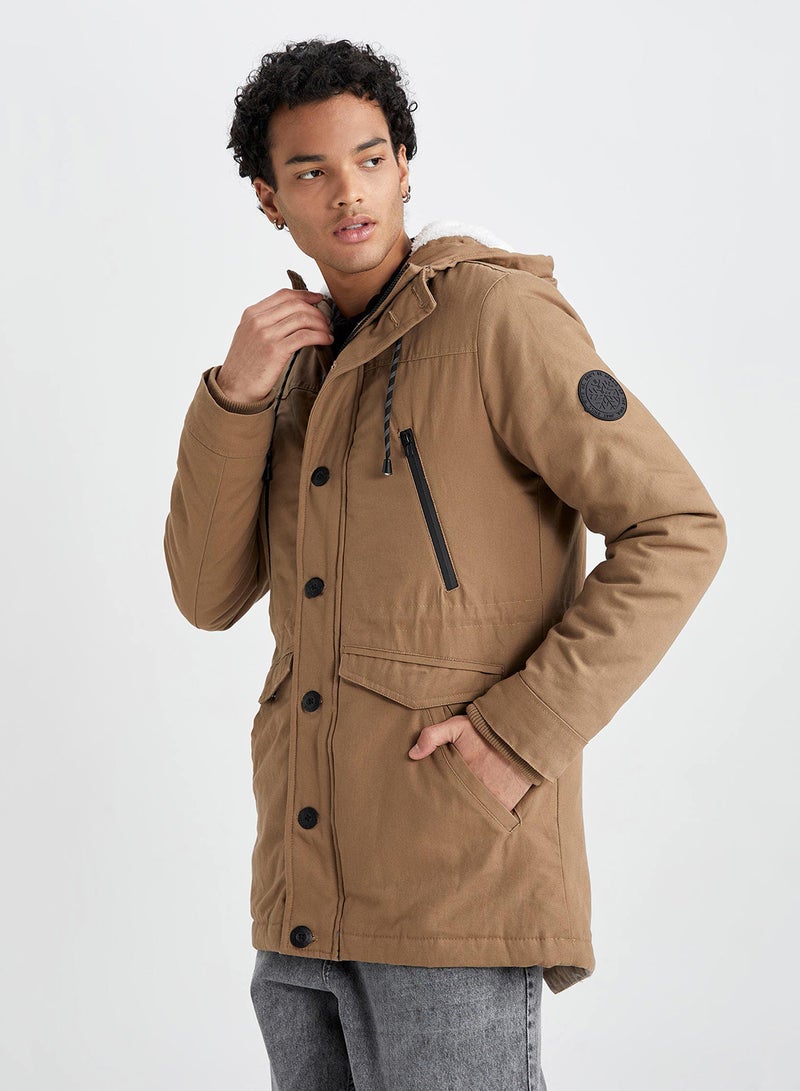 Slim Fit Hooded Plush Lined Parka Jacket