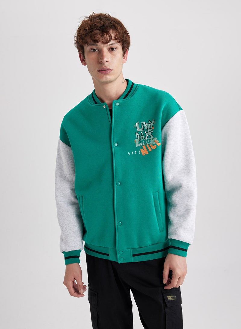 Oversized Fit Varsity Jacket With Snap Button And Double Pocket