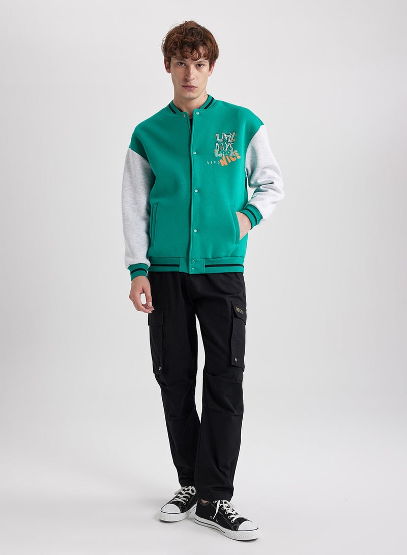 Oversized Fit Varsity Jacket With Snap Button And Double Pocket