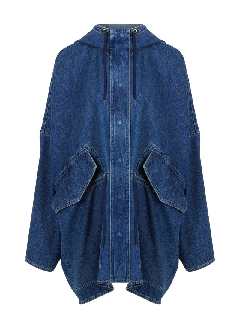 Oversize Denim Trench Coat with Hood