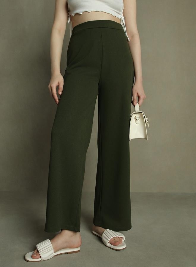 Olive Wide Leg Trousers for Women - Relaxed Fit, Stylish