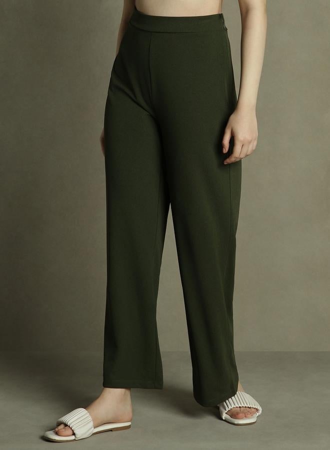 Olive Wide Leg Trousers for Women - Relaxed Fit, Stylish