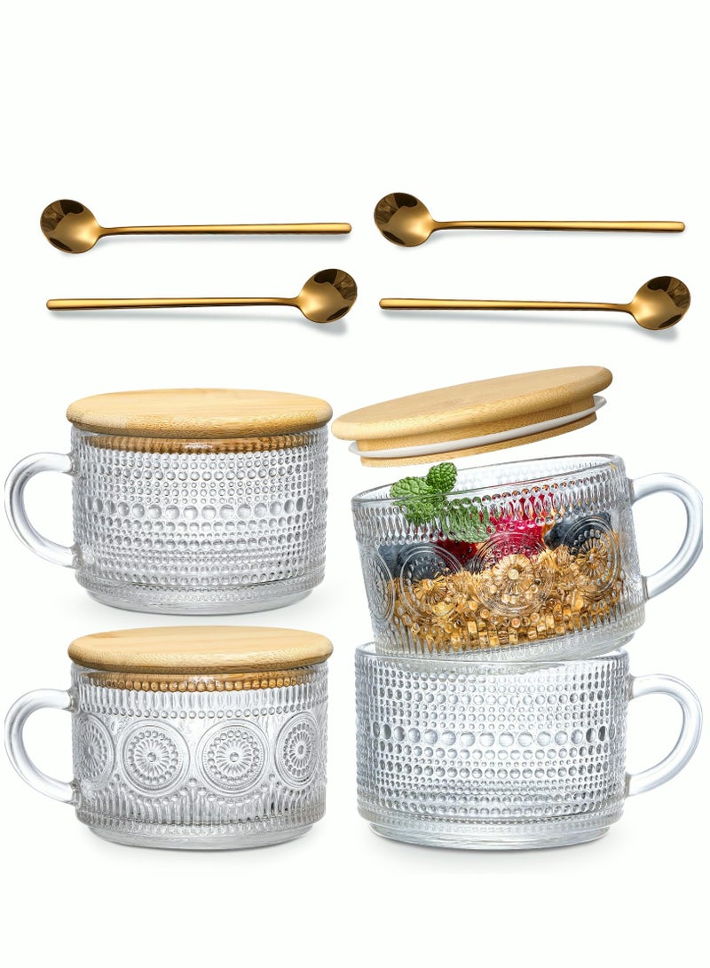 4pcs Set Vintage Coffee Mugs Overnight Oats Containers with Bamboo Lids and Spoons - 14oz Clear Embossed Glass Cups Cute Coffee Bar Accessories Iced Coffee Glasses